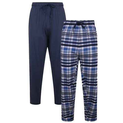 KAM Twin Pack Check/Plain Pyjama Bottoms Navy
